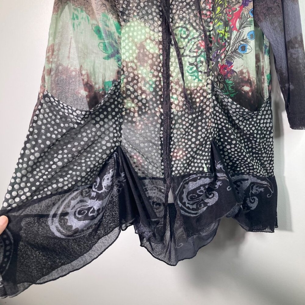 Womens John Mark Lagenlook Sheer Tunic Top Floral Dots Full Zip Multicolored L P - Picture 6 of 10